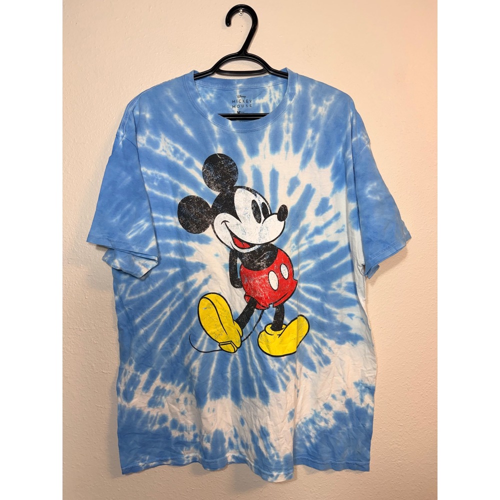 Disney Mickey Mouse Tie Dye Graphic T-Shirt Blue White Mad Engine Large